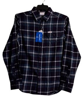 Columbia Men’s Shirt Small Lightweight Flannel Blue Green Plaid Button-Down